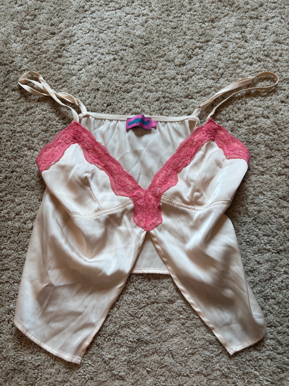 Edikted Cream Slip Top with Pink Lace V-Neck